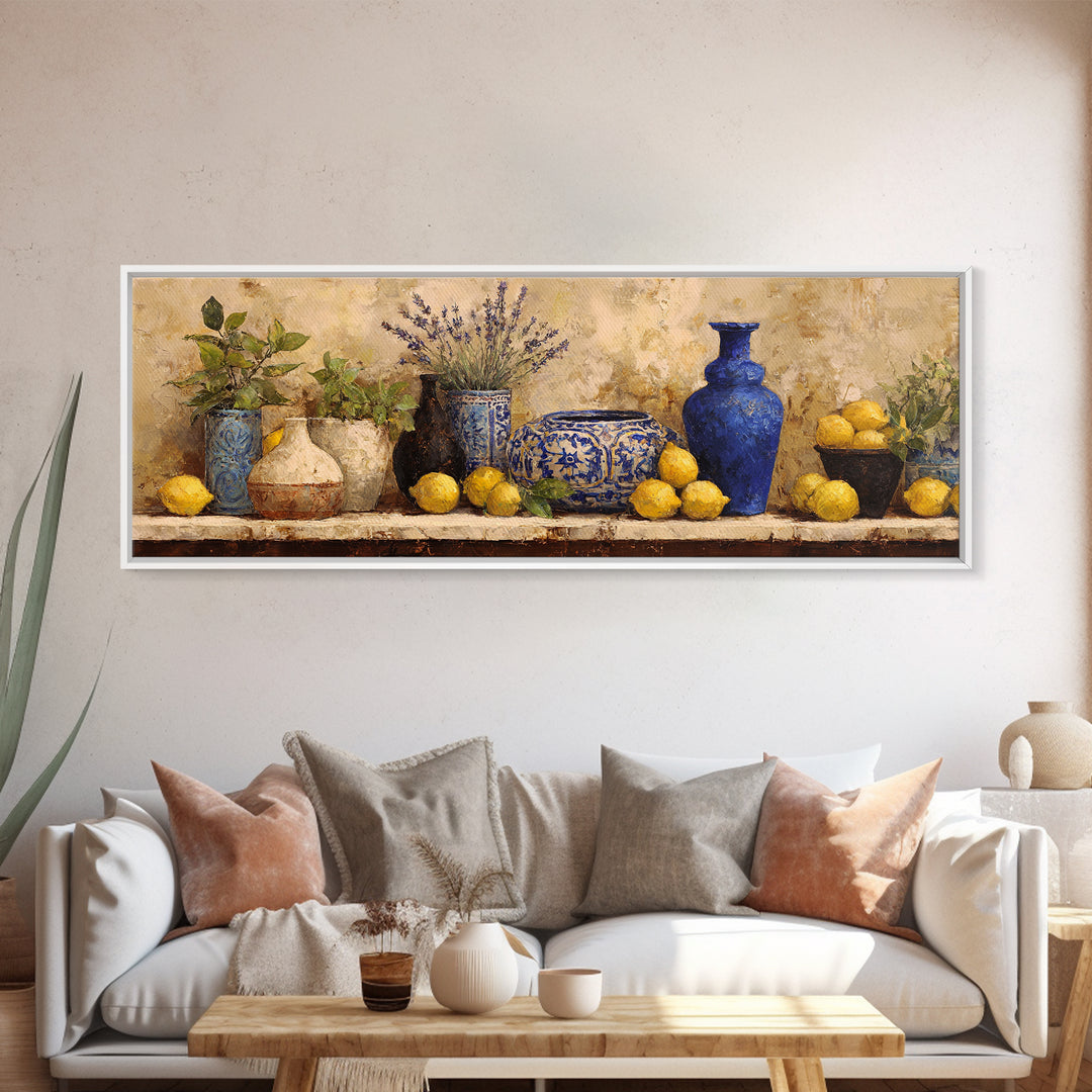 Mediterranean Lemons and Blue Tile Pattern Framed Canvas Print, Patio Art, Outdoor Wall Art, Patio Decor, Fine Art, Outdoor, PAT-3x1-18