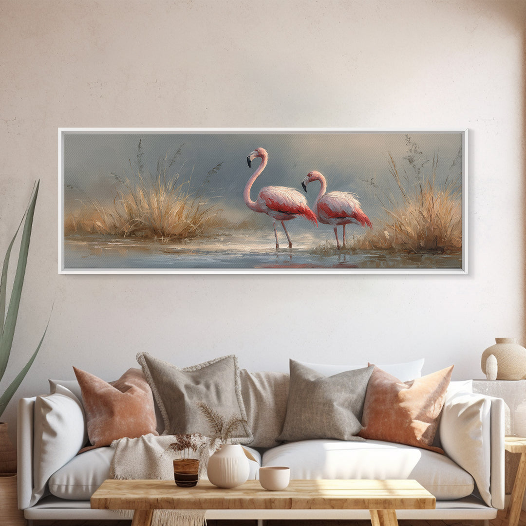 Flamingo Pair Beside Shallow Water Framed Canvas Print, Patio Art, Metal Wall Art, Patio Decor, Outdoor, Coastal Wall Decor, PAT-3x1-2