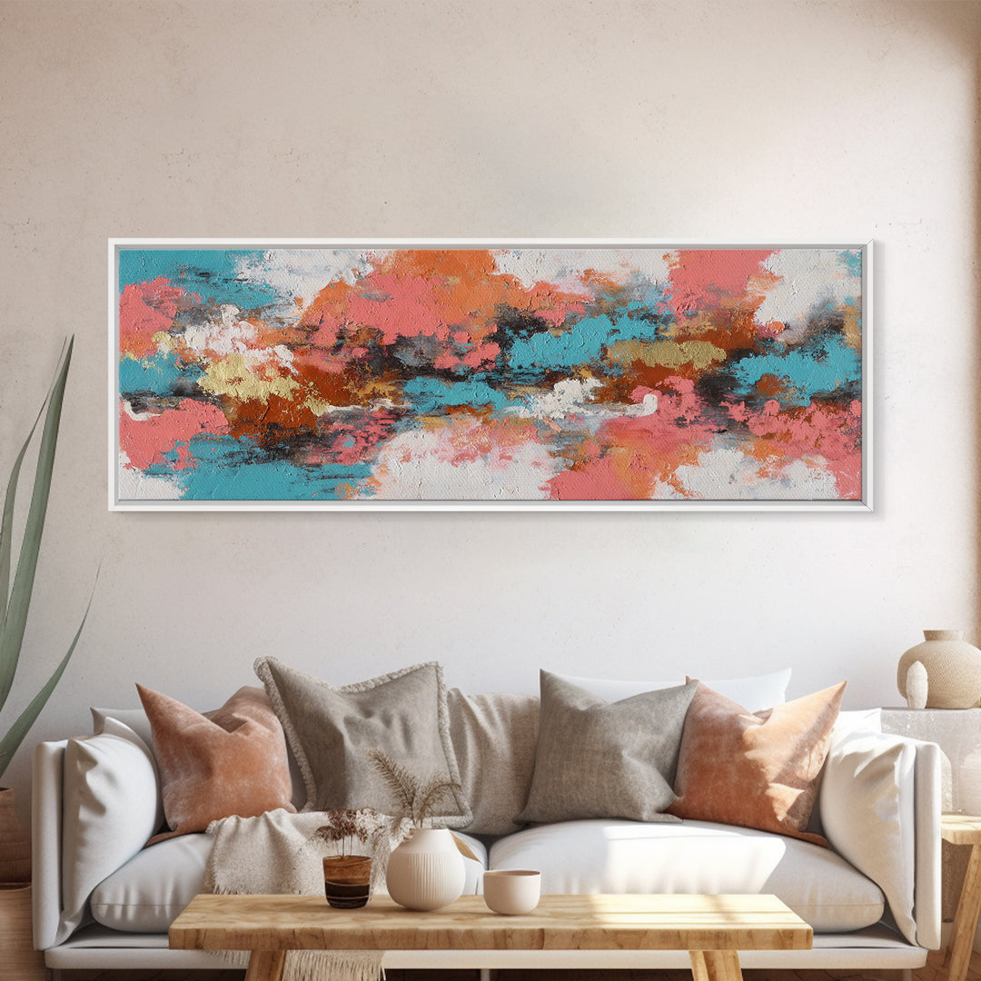 Bright Coral and Turquoise Abstract for Outdoors Framed Canvas Print, Patio Art, Rustic Decor, Patio Decor, Abstract Art, PAT-3x1-28