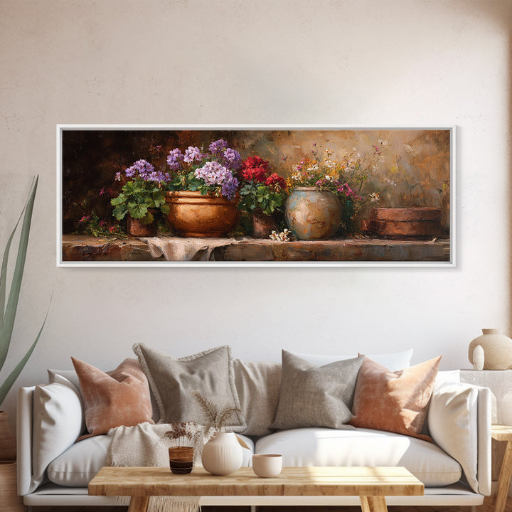 Potted Geraniums in Rustic Clay Pots Canvas Print, Patio Art, Wall Art, Patio Decor, Fine Art, Outdoor, Outdoor Wall Decor, PAT-3x1-30