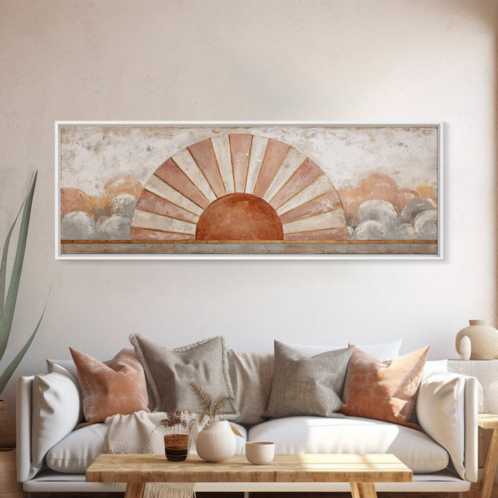 Sun Motif with Warm Terracotta Rays Canvas Print, Patio Art, Garden Decor, Patio Decor, Abstract Art, Outdoor, Beach Art, PAT-3x1-34