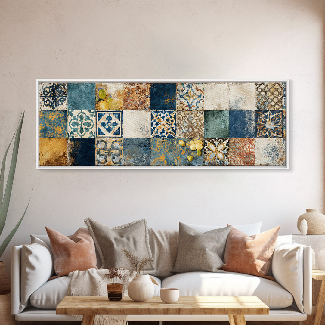 Mediterranean Lemons and Blue Tile Pattern Canvas Print, Patio Art, Coastal Decor, Patio Decor, Outdoor, Family Wall Art, PAT-3x1-42