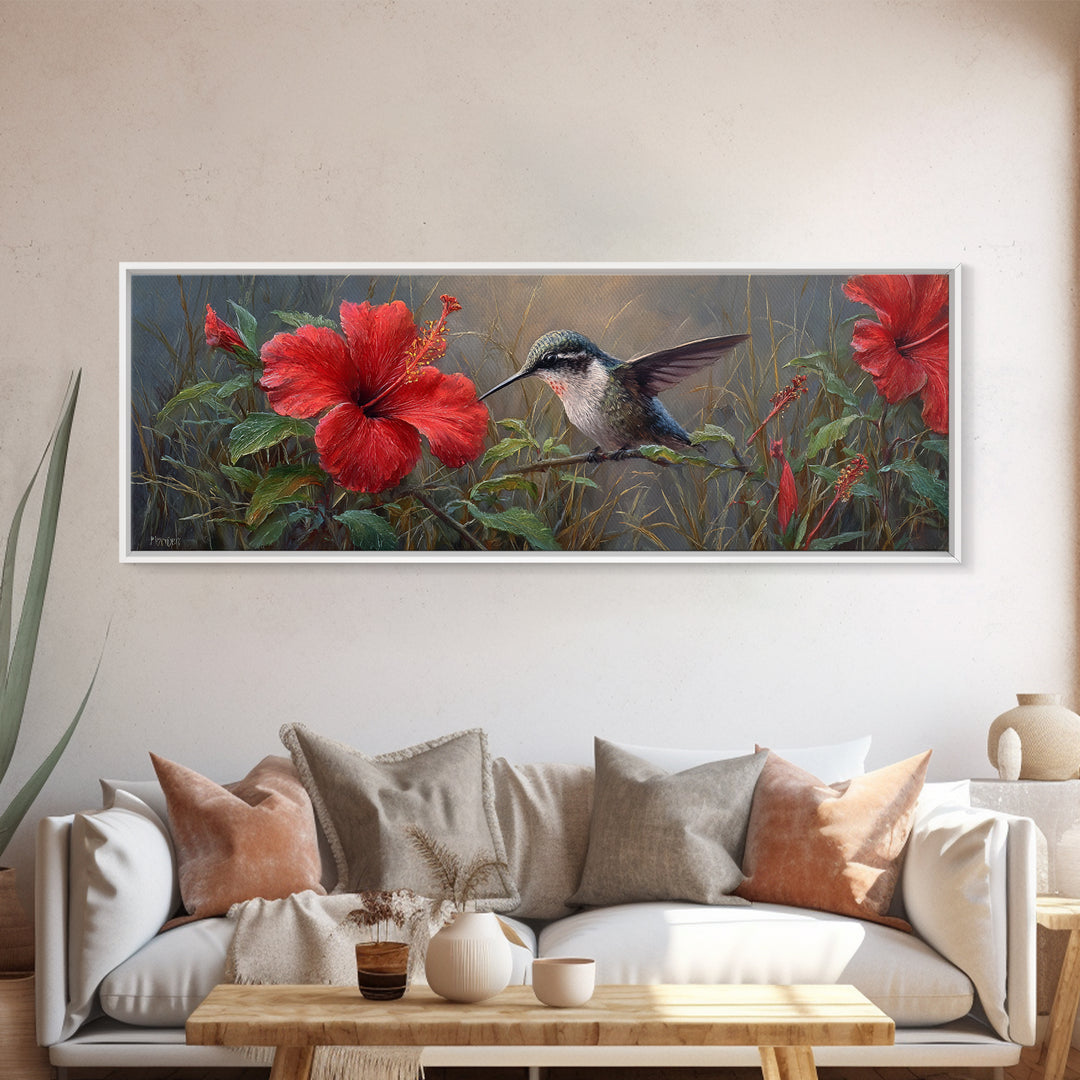 Hummingbird Visiting Bright Hibiscus Canvas Print, Patio Art, Wall Decor, Patio Decor, Fine Art, Outdoor, Coastal Decor, PAT-3x1-43