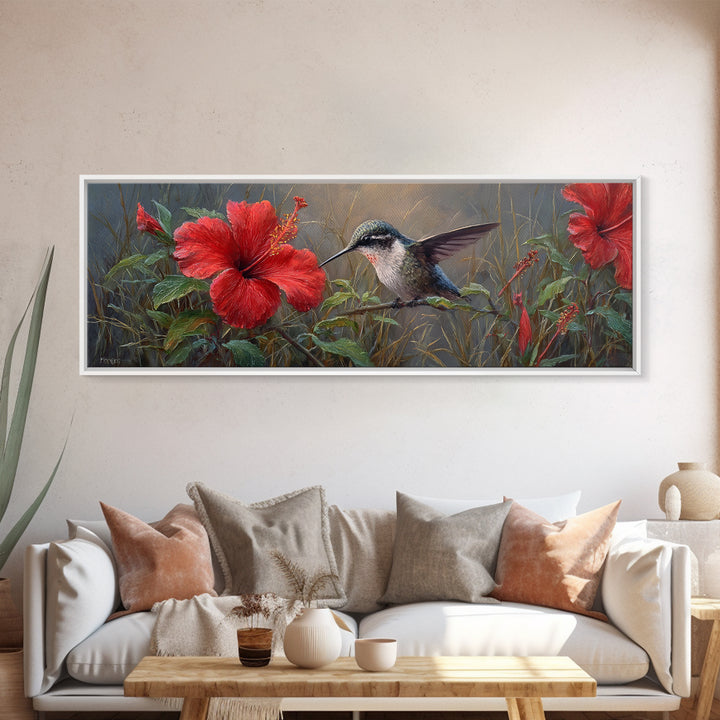 Hummingbird Visiting Bright Hibiscus Canvas Print, Patio Art, Wall Decor, Patio Decor, Fine Art, Outdoor, Coastal Decor, PAT-3x1-43
