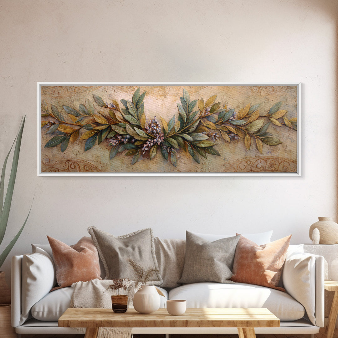 Olive Branch Wreath on Warm Plaster Canvas Print, Patio Art, Beach Art, Patio Decor, Fine Art, Outdoor, Neutral Decor, PAT-3x1-49