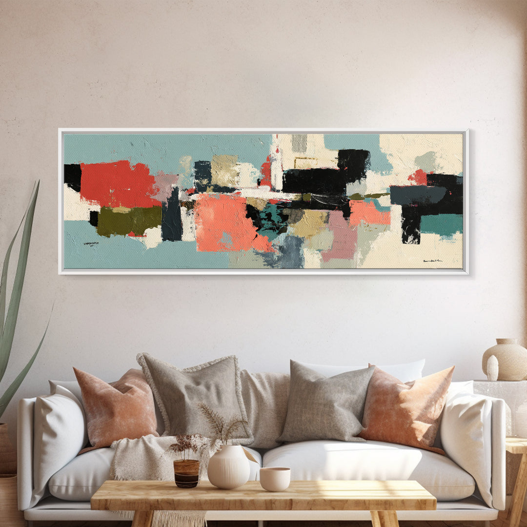 Bright Coral and Turquoise Abstract for Outdoors Framed Canvas Print, Patio Art, Room Decor, Patio Decor, Fine Art, Outdoor, PAT-3x1-52