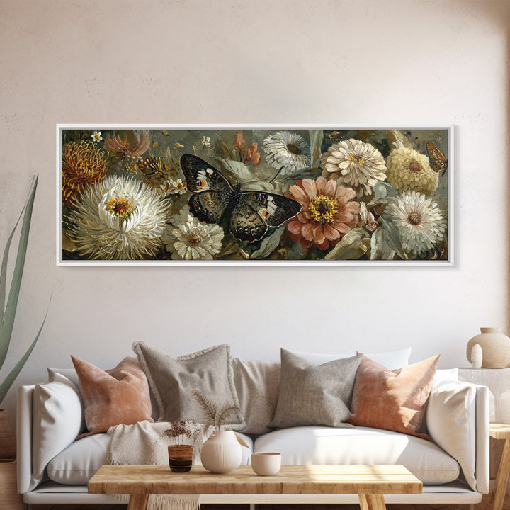 Butterfly Garden with Zinnias and Daisies Framed Canvas Print, Patio Art, Beach House Decor, Patio Decor, Oil Painting, Outdoor, PAT-3x1-53