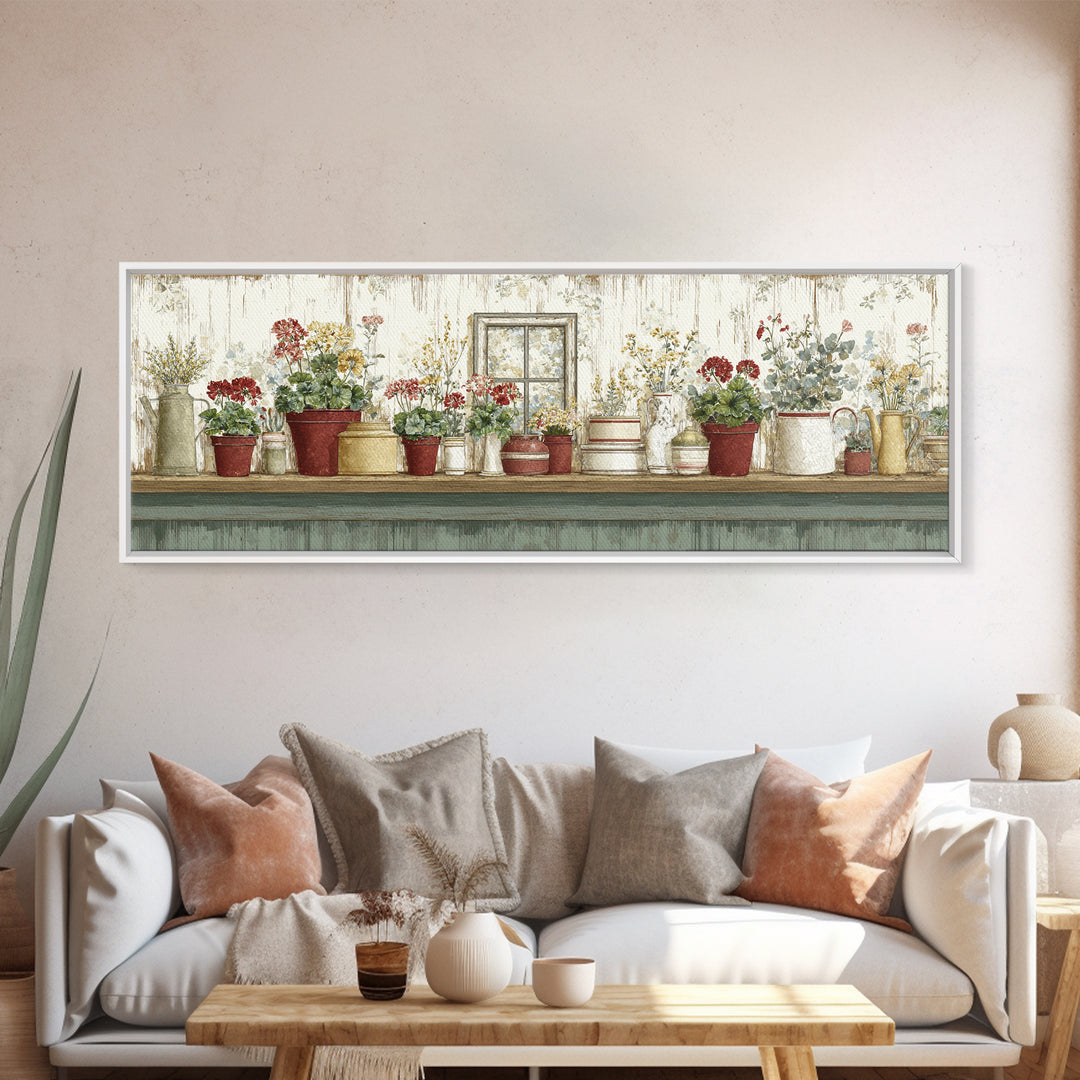 Potted Geraniums in Rustic Clay Pots Canvas Print, Patio Art, Lake House Decor, Patio Decor, Fine Art, Outdoor, Boho Decor, PAT-3x1-54