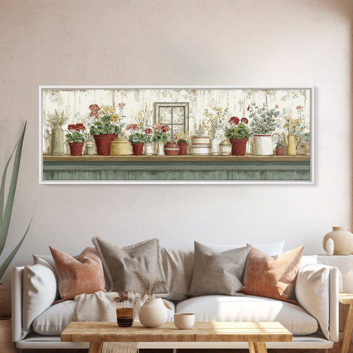 Potted Geraniums in Rustic Clay Pots Canvas Print, Patio Art, Lake House Decor, Patio Decor, Fine Art, Outdoor, Boho Decor, PAT-3x1-54