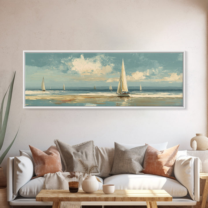 Sailboat on a Breezy Summer Horizon Framed Canvas Print, Patio Art, Contemporary Art, Patio Decor, Oil Painting, Outdoor, PAT-3x1-55