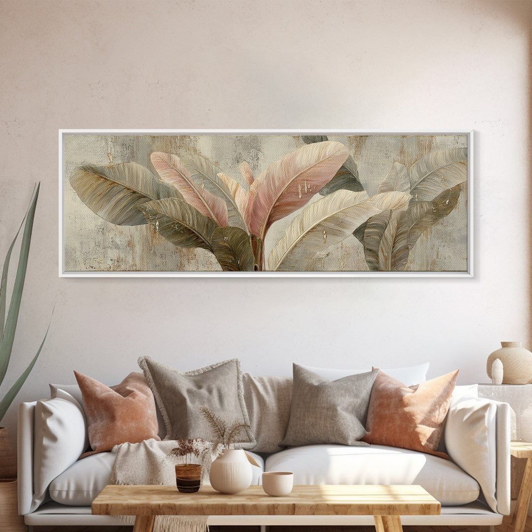 Banana Leaves with Rain Drop Details Framed Canvas Print, Patio Art, Textured Painting, Patio Decor, Fine Art, Outdoor, PAT-3x1-56