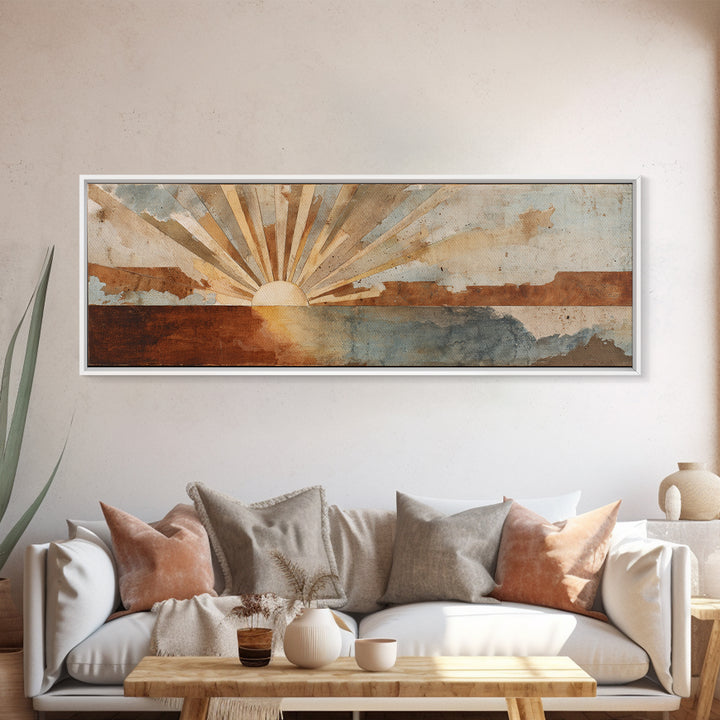 Sun Motif with Warm Terracotta Rays Framed Canvas Print, Patio Art, Outdoor Wall Decor, Patio Decor, Fine Art, Outdoor, PAT-3x1-58