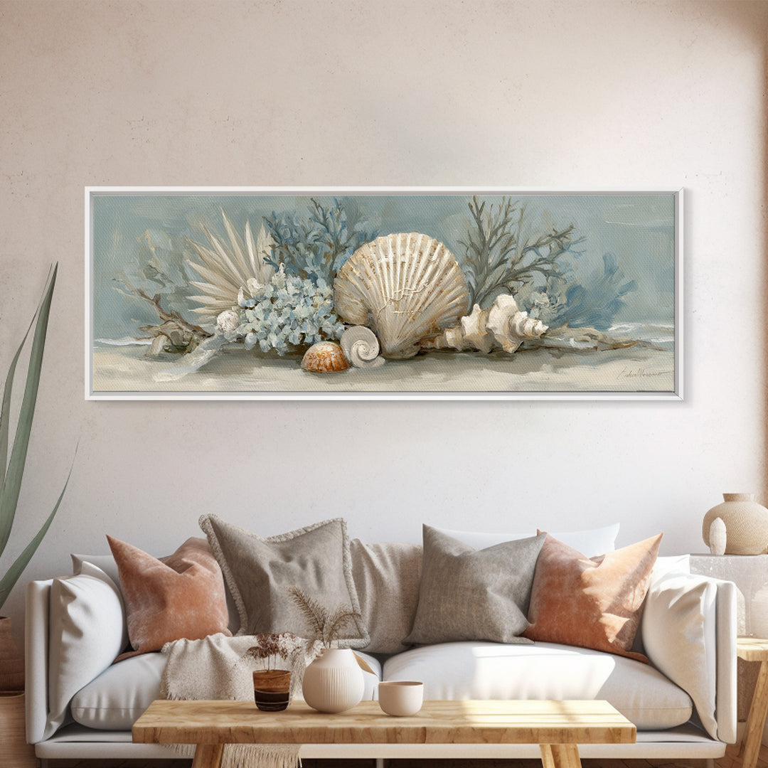 Beachy Shell and Palm Arrangement Framed Canvas Print, Patio Art, Wall Art, Patio Decor, Fine Art, Outdoor, Outdoor Wall Decor, PAT-3x1-59