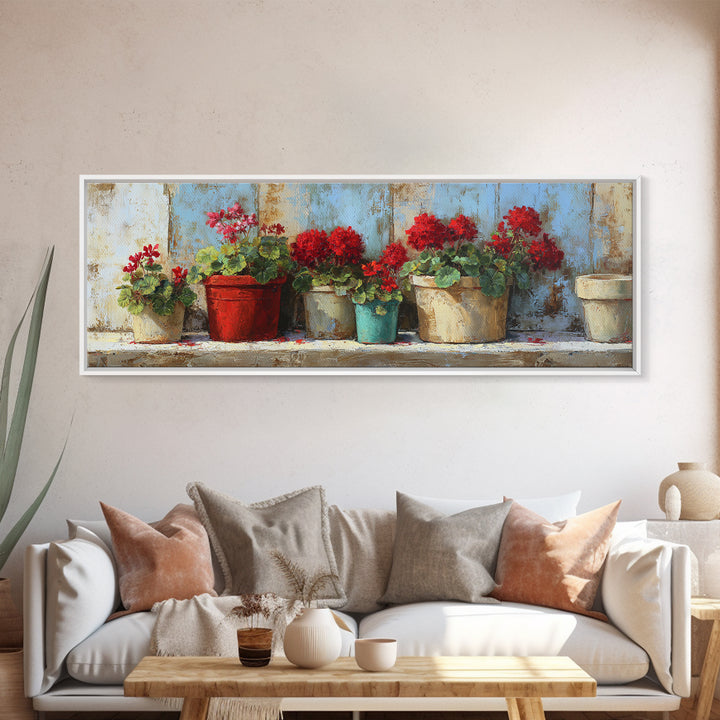 Potted Geraniums in Rustic Clay Pots Canvas Print, Patio Art, Porch Decor, Patio Decor, Fine Art, Outdoor, Fine Art Print, PAT-3x1-6