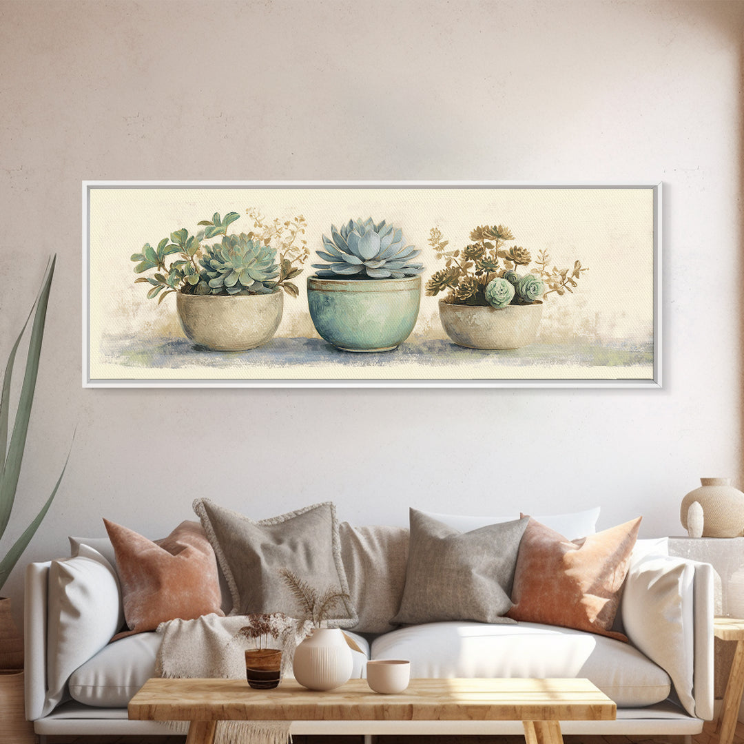 Succulent Collection in Ceramic Planters Canvas Print, Patio Art, Floral Art, Patio Decor, Oil Painting, Outdoor, PAT-3x1-61