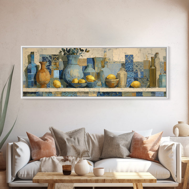 Mediterranean Lemons and Blue Tile Pattern Canvas Print, Patio Art, Coastal Decor, Patio Decor, Outdoor, Family Wall Art, PAT-3x1-66