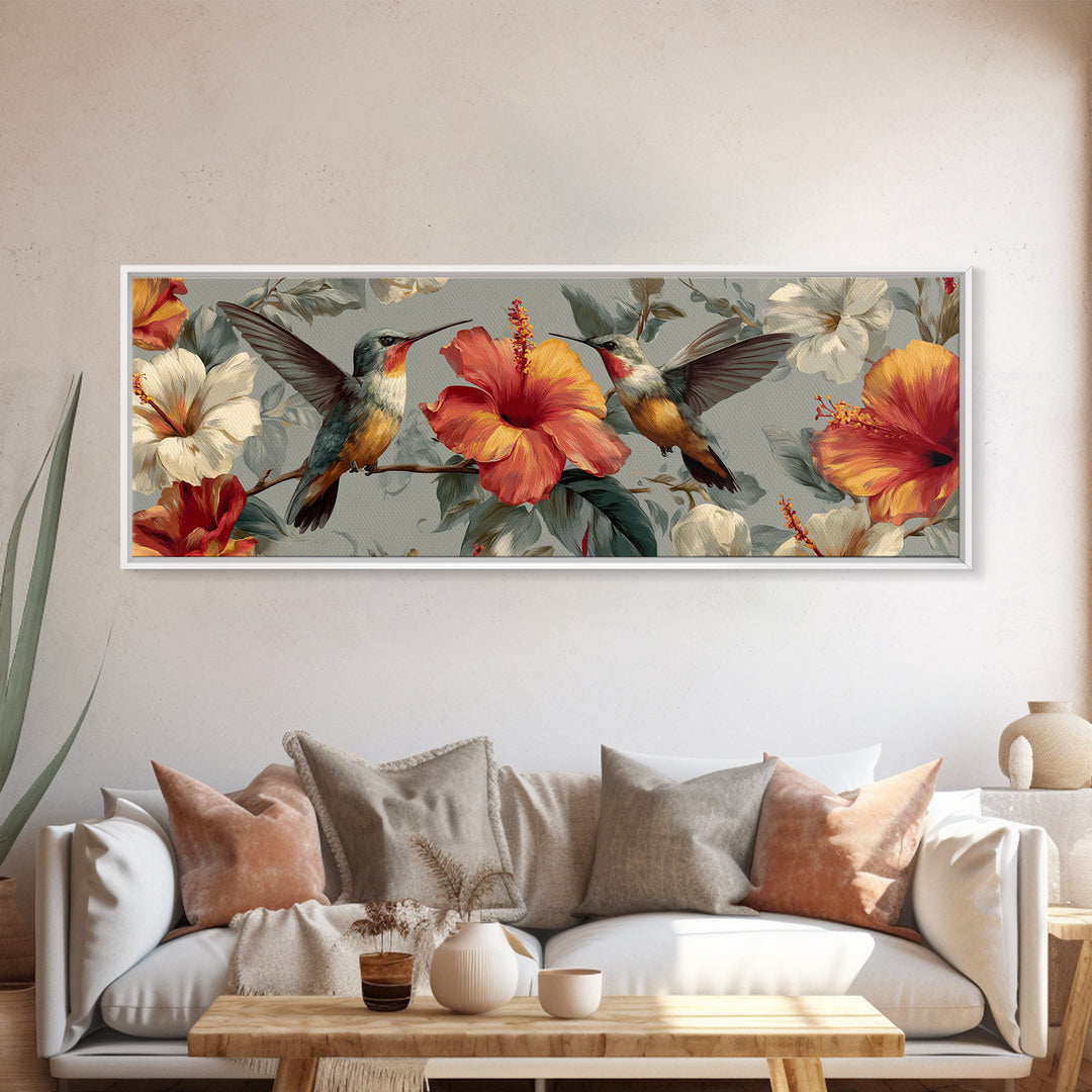 Hummingbird Visiting Bright Hibiscus Framed Canvas Print, Patio Art, Garden Art, Patio Decor, Abstract Art, Outdoor, PAT-3x1-67