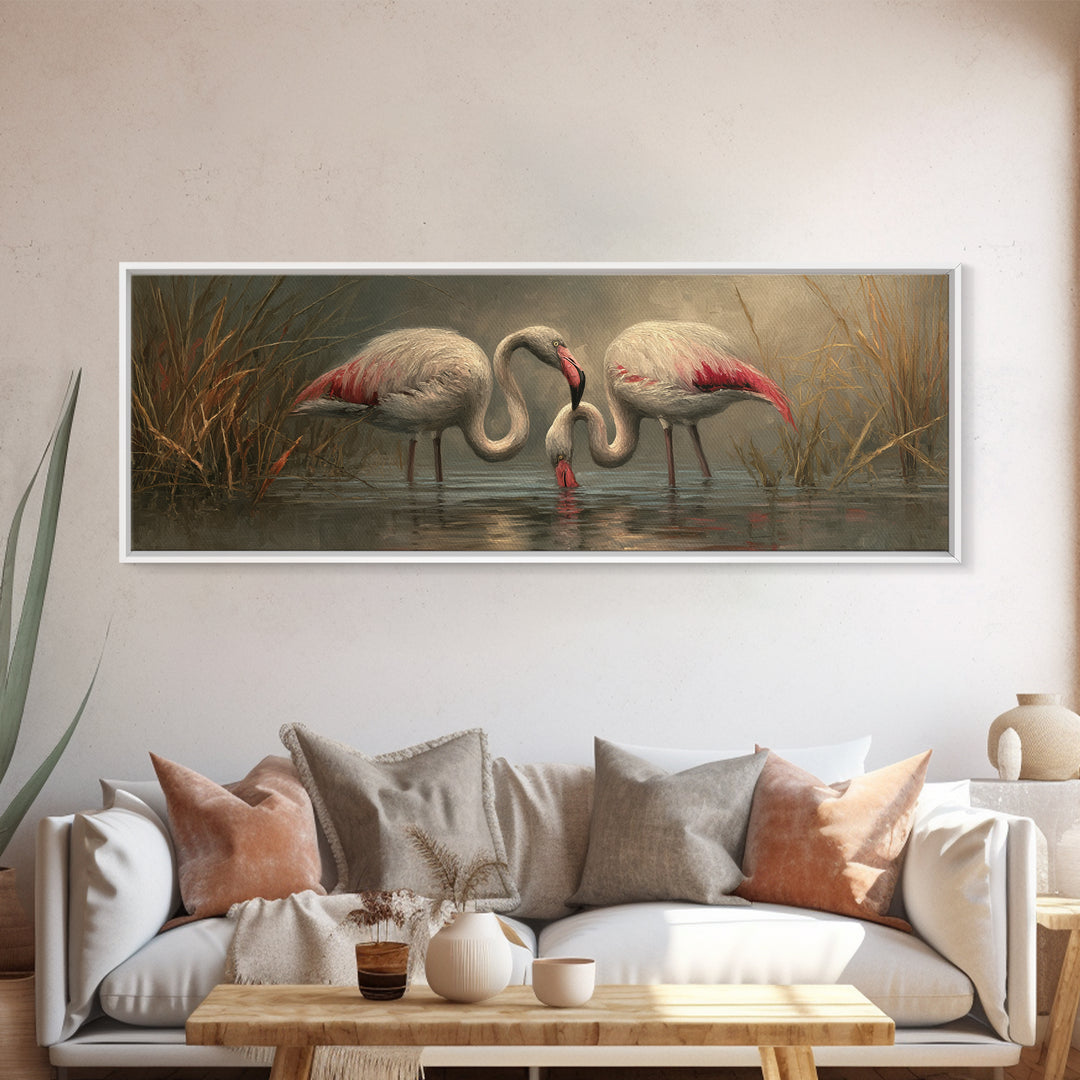 Flamingo Pair Beside Shallow Water Framed Canvas Print, Patio Art, Bar Art, Patio Decor, Oil Painting, Outdoor, Outdoor Art, PAT-3x1-74