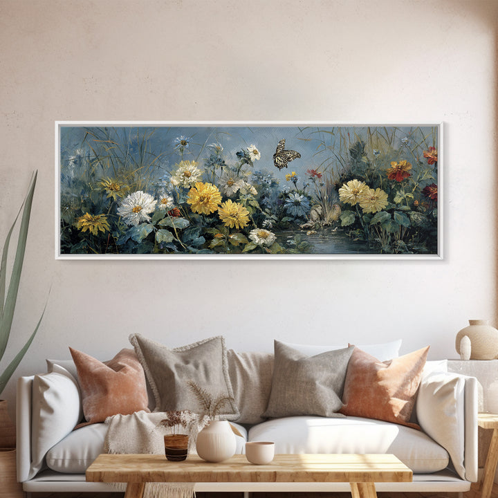 Butterfly Garden with Zinnias and Daisies Framed Canvas Print, Patio Art, Beach House Decor, Patio Decor, Oil Painting, Outdoor, PAT-3x1-77