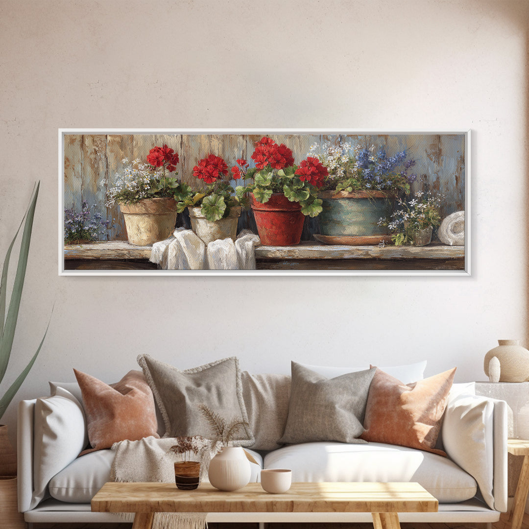 Potted Geraniums in Rustic Clay Pots Canvas Print, Patio Art, Wall Decor, Patio Decor, Fine Art, Outdoor, Coastal Decor, PAT-3x1-78