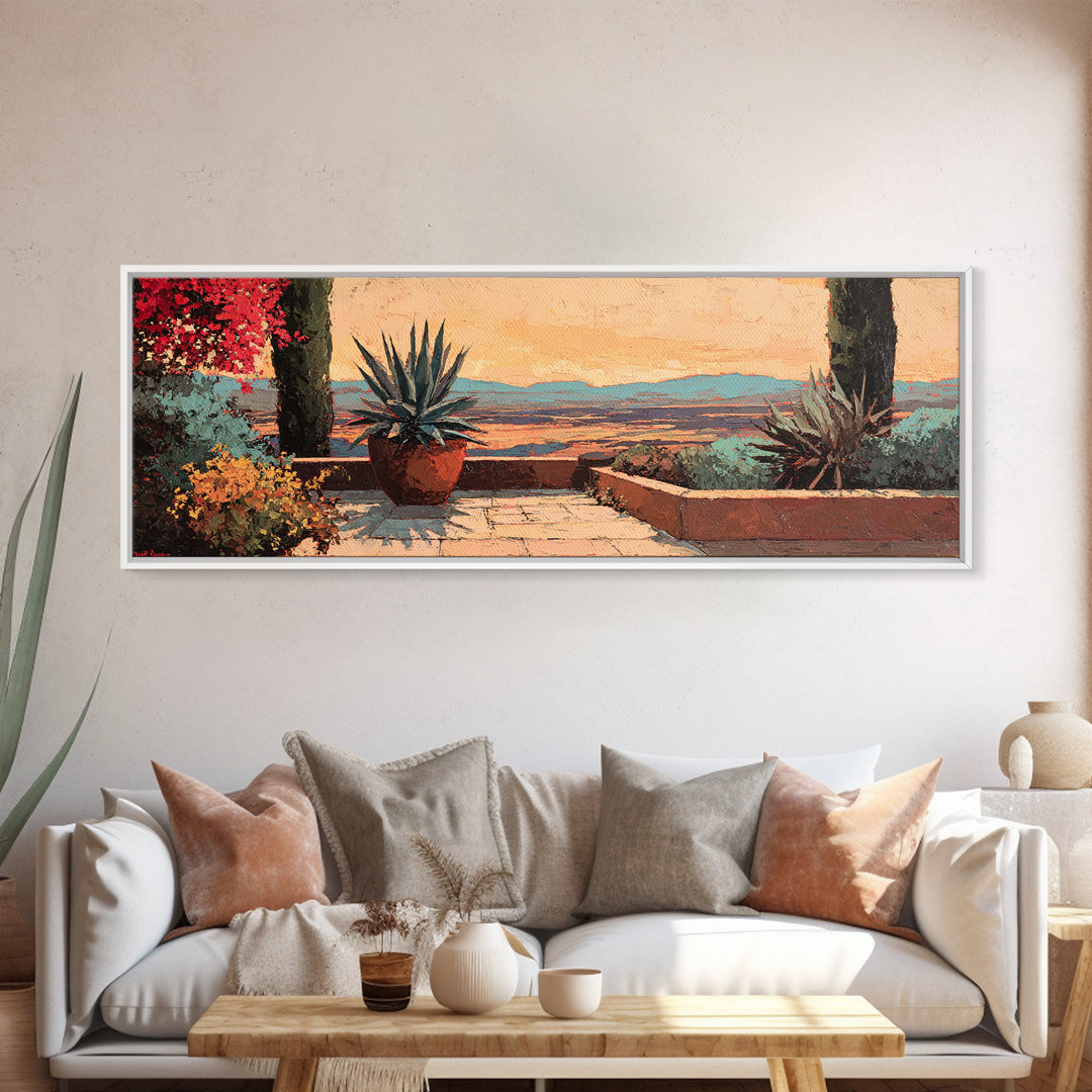 Desert Patio Agave and Bougainvillea Framed Canvas Print, Patio Art, Porch Decor, Patio Decor, Outdoor, Fine Art Print, PAT-3x1-81