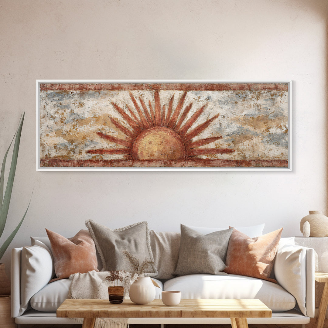 Sun Motif with Warm Terracotta Rays Framed Canvas Print, Patio Art, Outdoor Wall Decor, Patio Decor, Fine Art, Outdoor, PAT-3x1-82