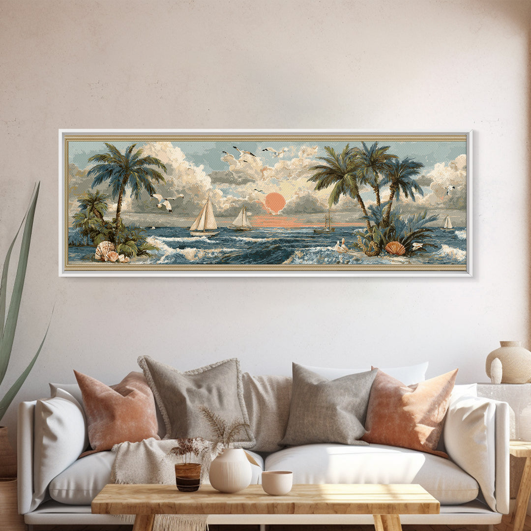 Beachy Shell and Palm Arrangement Canvas Print, Patio Art, Wall Hanging, Patio Decor, Outdoor, Beach Art, Beach House Decor, PAT-3x1-83