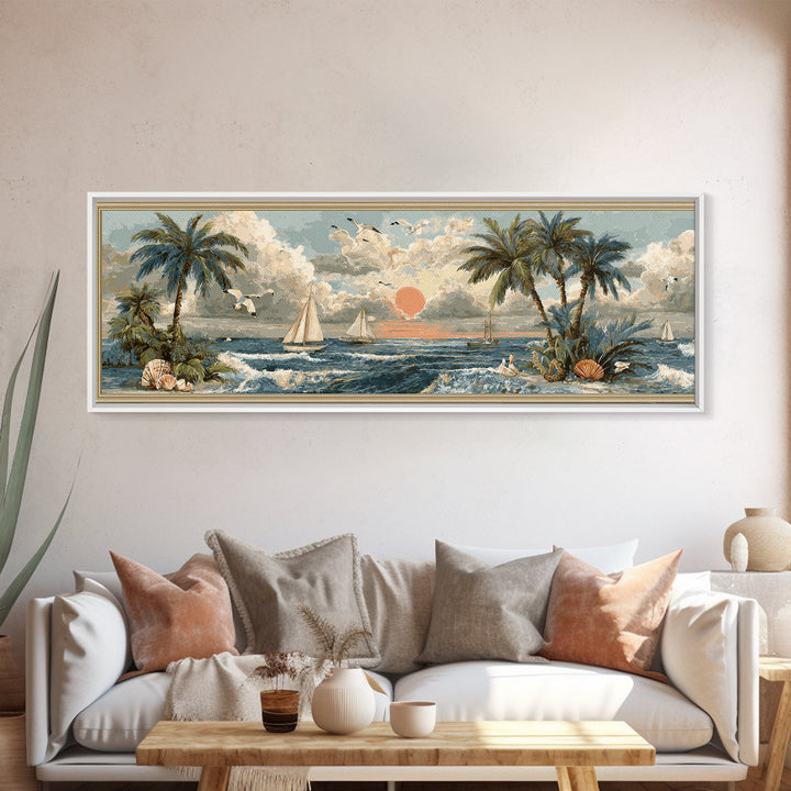 Beachy Shell and Palm Arrangement Canvas Print, Patio Art, Wall Hanging, Patio Decor, Outdoor, Beach Art, Beach House Decor, PAT-3x1-83