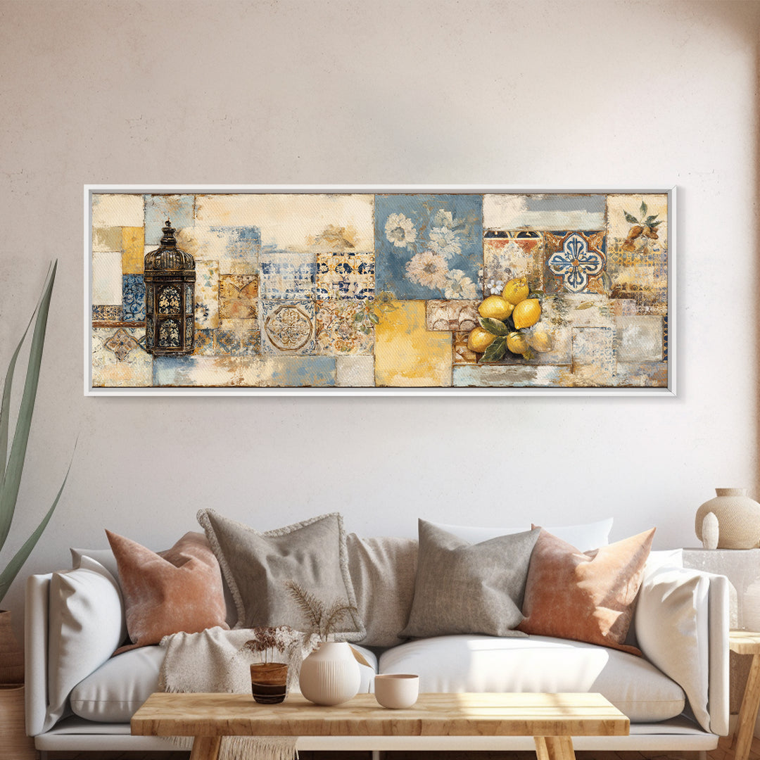Mediterranean Lemons and Blue Tile Pattern Framed Canvas Print, Patio Art, Beach House Decor, Patio Decor, Fine Art, Outdoor, PAT-3x1-90