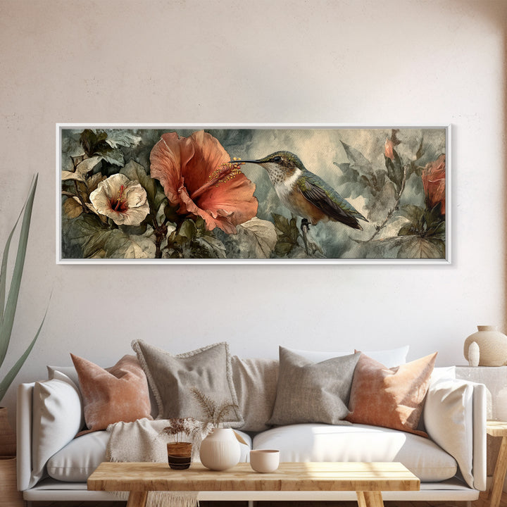 Hummingbird Visiting Bright Hibiscus Canvas Print, Patio Art, Room Decor, Patio Decor, Fine Art, Outdoor, Garden Art, PAT-3x1-91