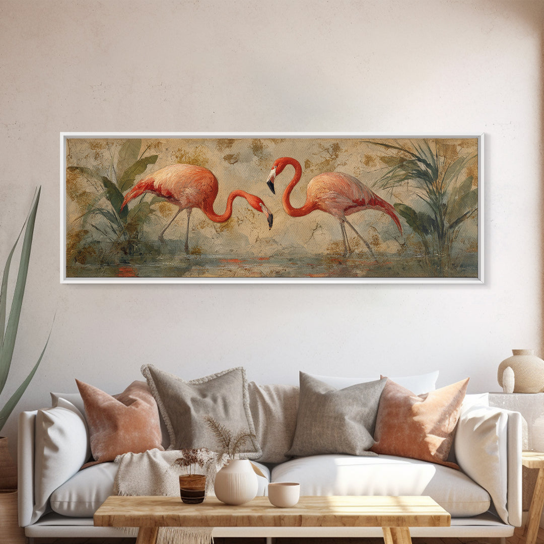 Flamingo Pair Beside Shallow Water Canvas Print, Patio Art, Floral Art, Patio Decor, Fine Art, Outdoor, Statement Artwork, PAT-3x1-98