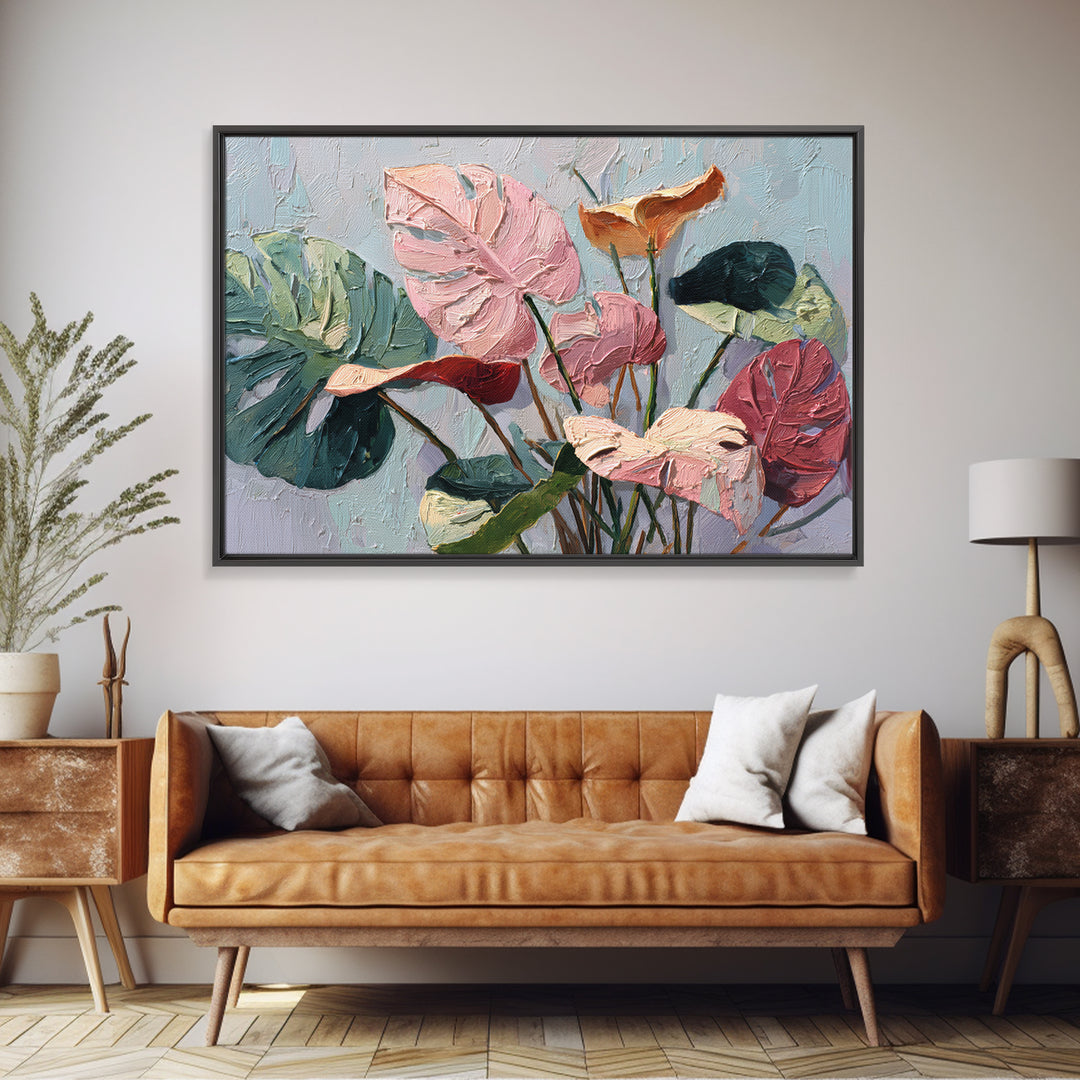 Bold Botanical Monstera Leaf Composition Framed Canvas Print, Patio Art, Metal Art, Patio Decor, Oil Painting, Outdoor, PAT-3x2-10