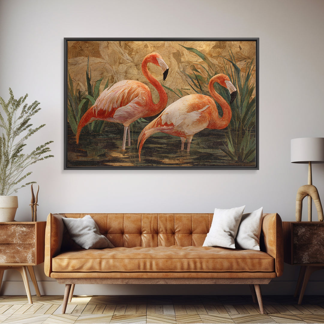 Flamingo Pair Beside Shallow Water Framed Canvas Print, Patio Art, Garden Decor, Patio Decor, Fine Art, Outdoor, Beach Art, PAT-3x2-14
