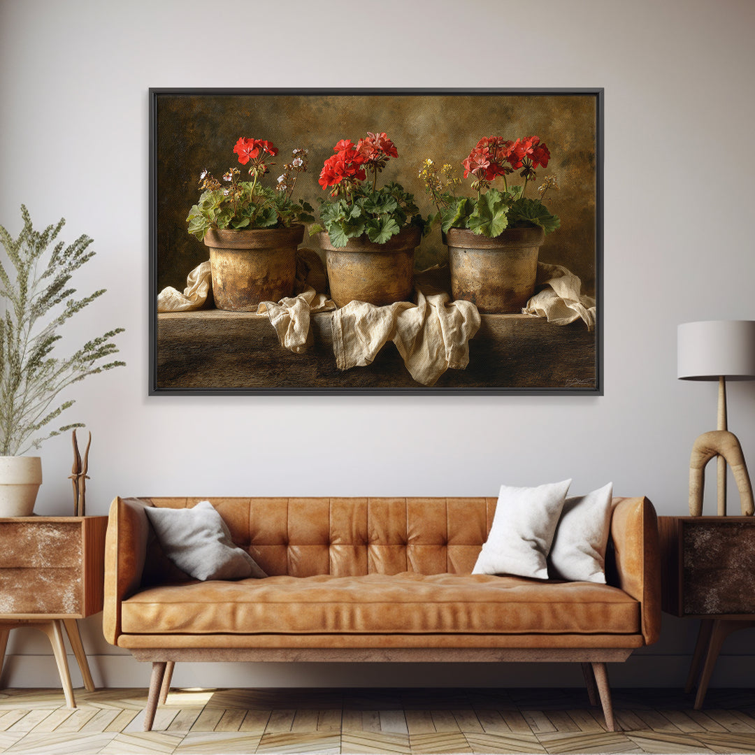 Potted Geraniums in Rustic Clay Pots Framed Canvas Print, Patio Art, Garden Art, Patio Decor, Outdoor, Beach House Decor, PAT-3x2-18
