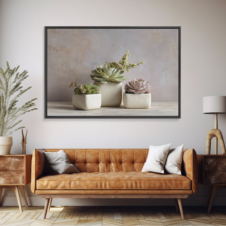 Succulent Collection in Ceramic Planters Framed Canvas Print, Patio Art, Patio Decor, Abstract Art, Outdoor, Gallery Decor, PAT-3x2-25