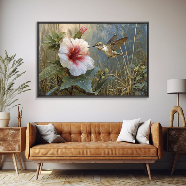 Hummingbird Visiting Bright Hibiscus Framed Canvas Print, Patio Art, Patio Cushions, Patio Decor, Outdoor, Luxury Decor, PAT-3x2-31