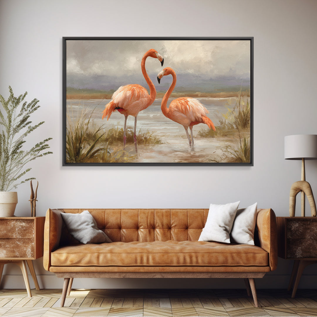 Flamingo Pair Beside Shallow Water Canvas Print, Patio Art, Outdoor Wall Decor, Patio Decor, Fine Art, Outdoor, Yard Decor, PAT-3x2-38