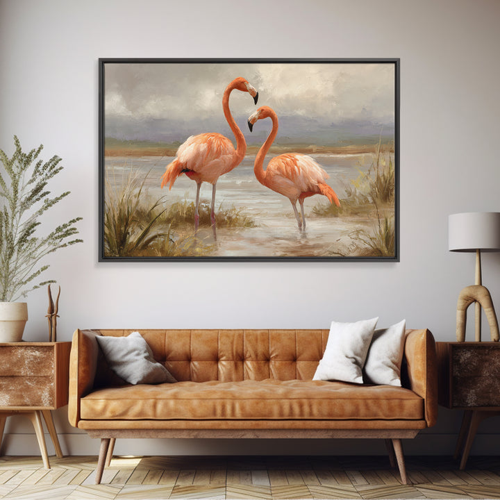 Flamingo Pair Beside Shallow Water Canvas Print, Patio Art, Outdoor Wall Decor, Patio Decor, Fine Art, Outdoor, Yard Decor, PAT-3x2-38