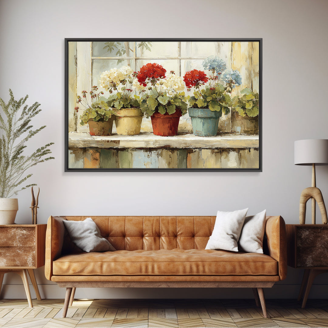 Potted Geraniums in Rustic Clay Pots Canvas Print, Patio Art, Floral Wall Art, Patio Decor, Fine Art, Outdoor, Mixed Media Art, PAT-3x2-42