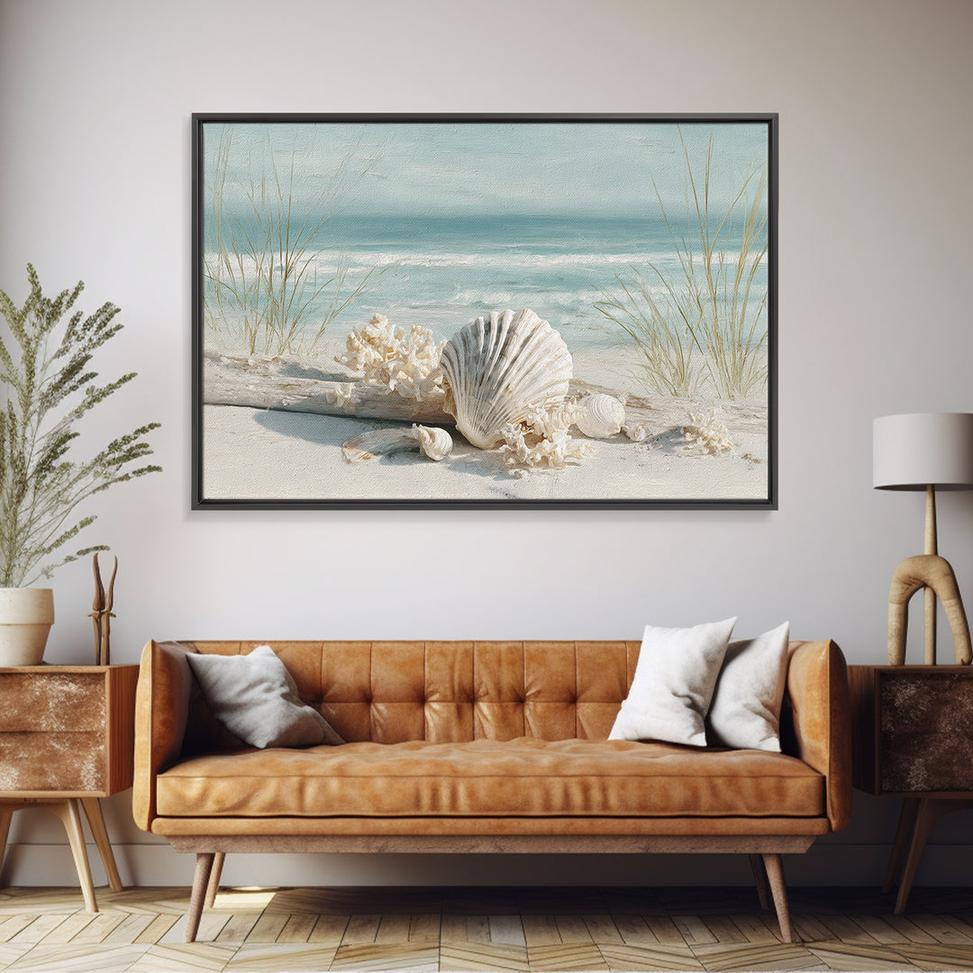 Beachy Shell and Palm Arrangement Framed Canvas Print, Patio Art, Room Decor, Patio Decor, Oil Painting, Outdoor, Garden Art, PAT-3x2-47