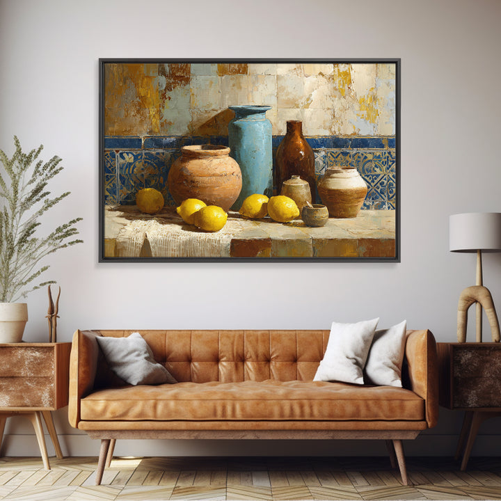Mediterranean Lemons and Blue Tile Pattern Canvas Print, Patio Art, Bar Art, Patio Decor, Fine Art, Outdoor, Outdoor Art, PAT-3x2-54