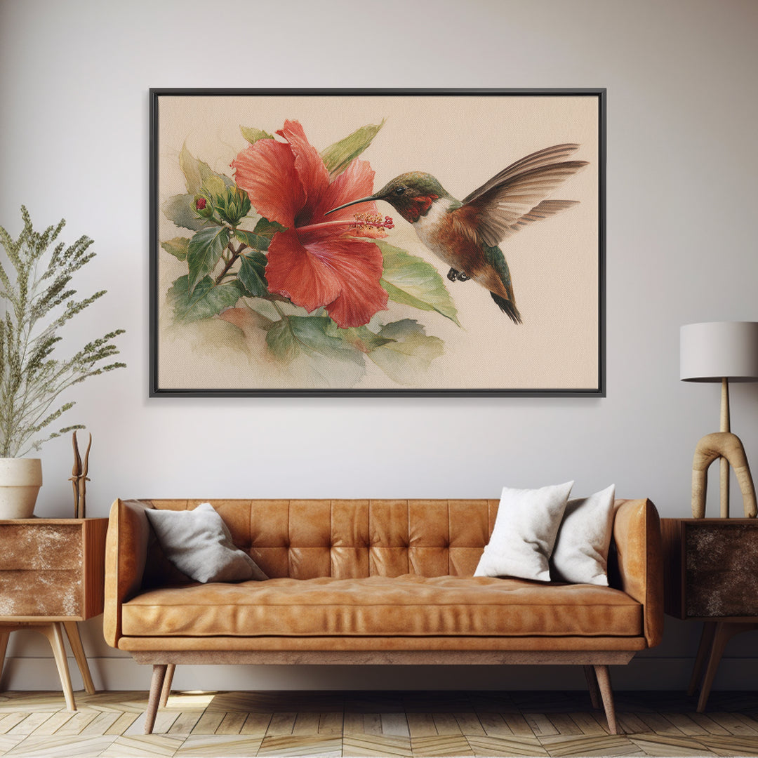 Hummingbird Visiting Bright Hibiscus Framed Canvas Print, Patio Art, Decor, Patio Decor, Oil Painting, Outdoor, PAT-3x2-55