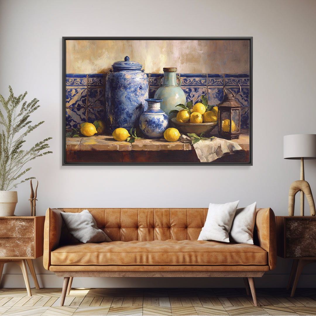 Mediterranean Lemons and Blue Tile Pattern Framed Canvas Print, Patio Art, Yard Art, Patio Decor, Outdoor, Lake House Decor, PAT-3x2-6