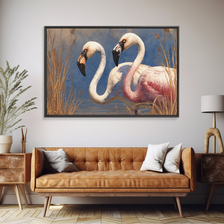 Flamingo Pair Beside Shallow Water Canvas Print, Patio Art, Outdoor Wall Decor, Patio Decor, Fine Art, Outdoor, Yard Decor, PAT-3x2-62