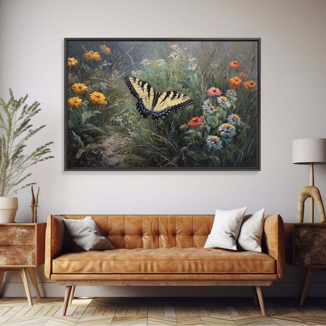 Butterfly Garden with Zinnias and Daisies Framed Canvas Print, Patio Art, Floral Art, Patio Decor, Fine Art, Outdoor, PAT-3x2-65