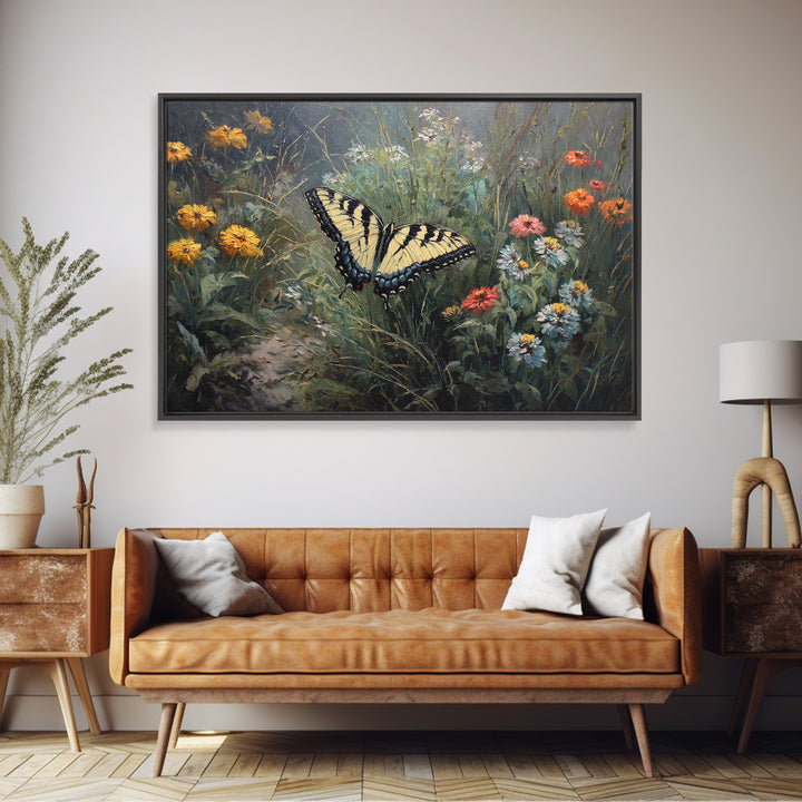 Butterfly Garden with Zinnias and Daisies Framed Canvas Print, Patio Art, Floral Art, Patio Decor, Fine Art, Outdoor, PAT-3x2-65