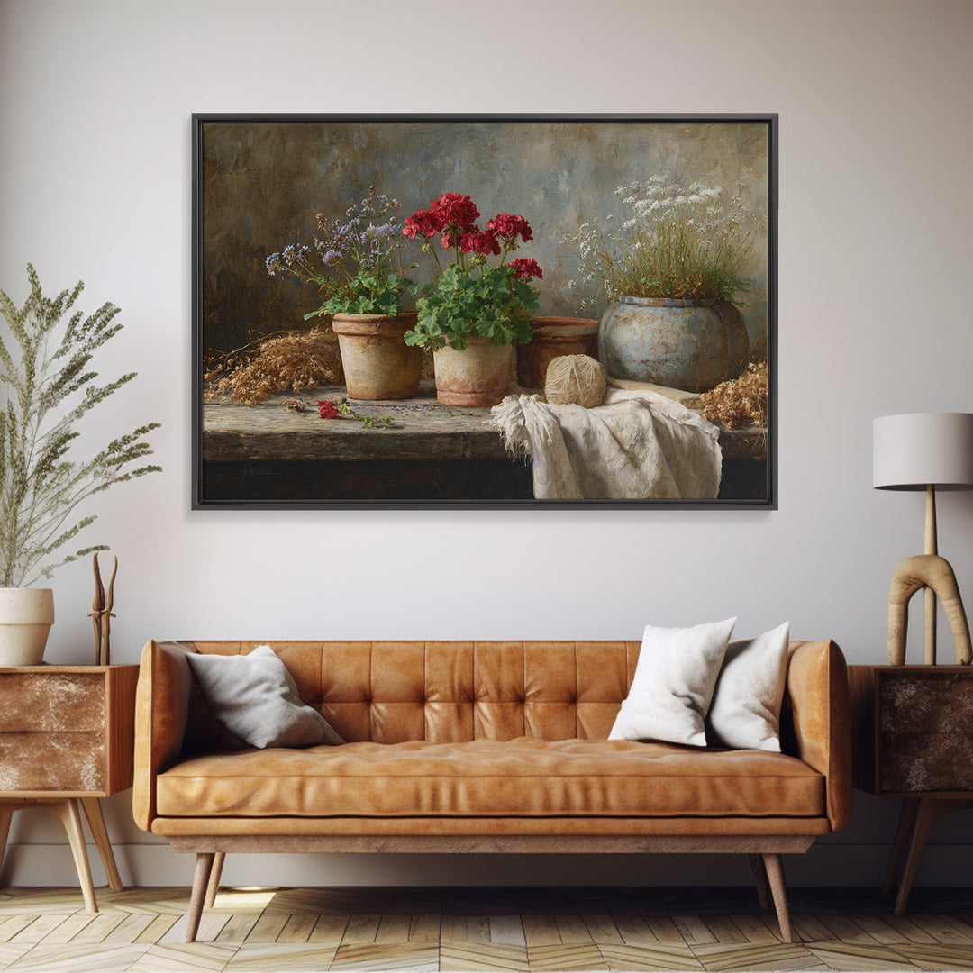 Potted Geraniums in Rustic Clay Pots Canvas Print, Patio Art, Floral Wall Art, Patio Decor, Fine Art, Outdoor, Mixed Media Art, PAT-3x2-66
