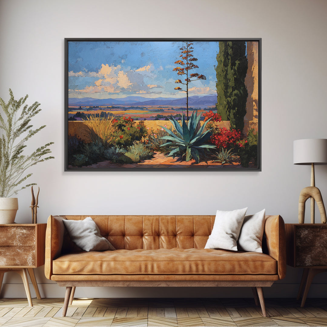 Desert Patio Agave and Bougainvillea Framed Canvas Print, Patio Art, Lake House Decor, Patio Decor, Fine Art, Outdoor, PAT-3x2-69