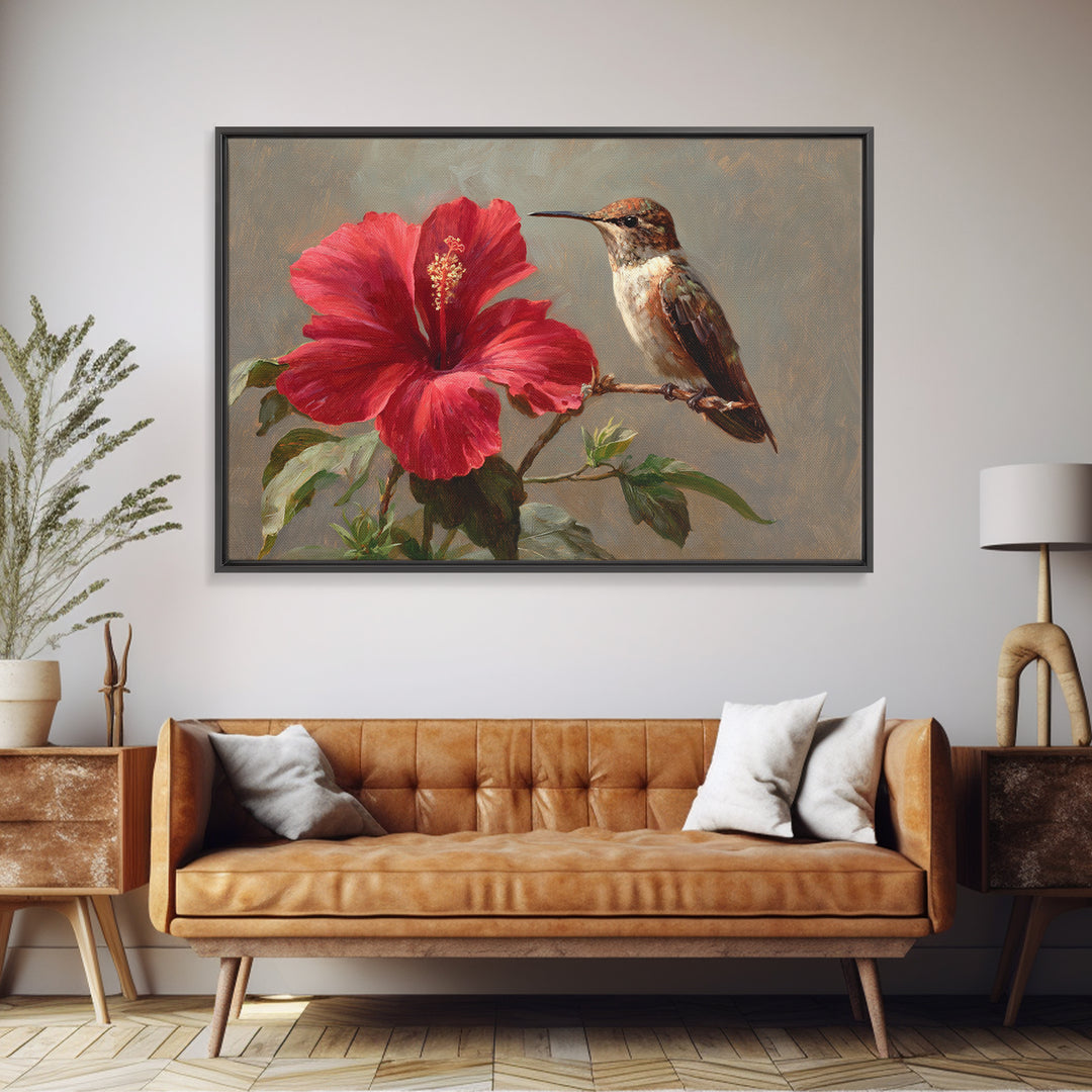 Hummingbird Visiting Bright Hibiscus Framed Canvas Print, Patio Art, Patio Decor, Abstract Art, Outdoor, Floral Wall Art, PAT-3x2-7