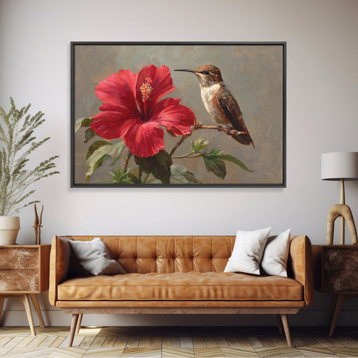Hummingbird Visiting Bright Hibiscus Framed Canvas Print, Patio Art, Patio Decor, Abstract Art, Outdoor, Floral Wall Art, PAT-3x2-7